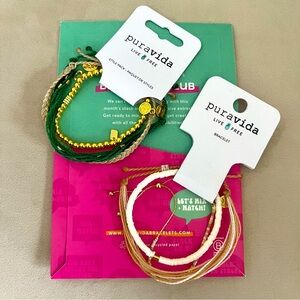NWT Pura Vida Set Of Two Bracelets Gold Green Cream Tan Adjustable Gift Holiday